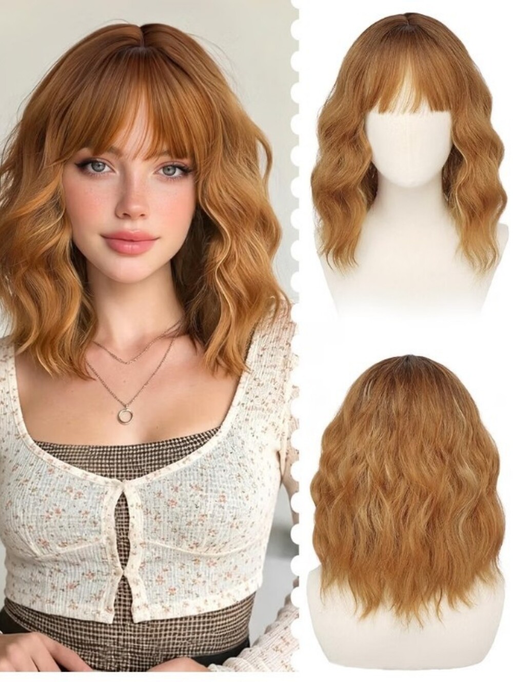 Golden Ginger Highlight Wavy Wig with Bangs Heat Resistant Synthetic 12"